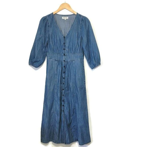 Madewell Denim Pieced Waist Midi Dress Mariden Wash Chambray Blue A Line Size 2 - Picture 2 of 16